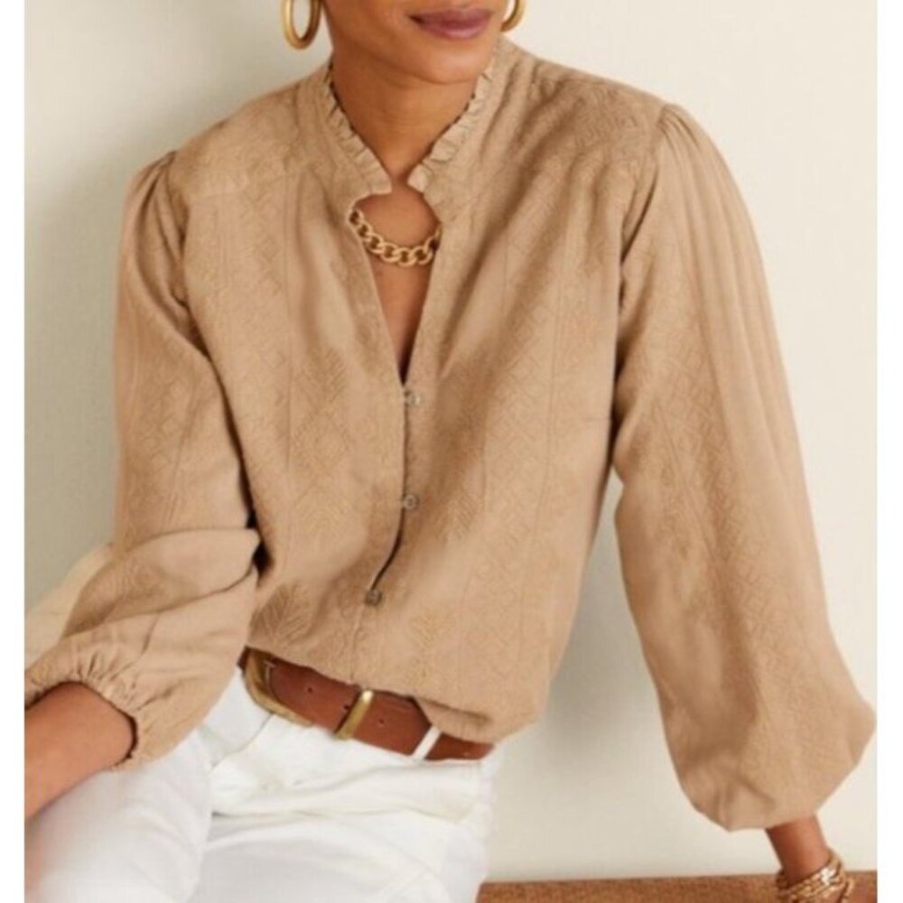 Soft Surroundings Cream-Tan Textured Balloon-Sleeve Blouse